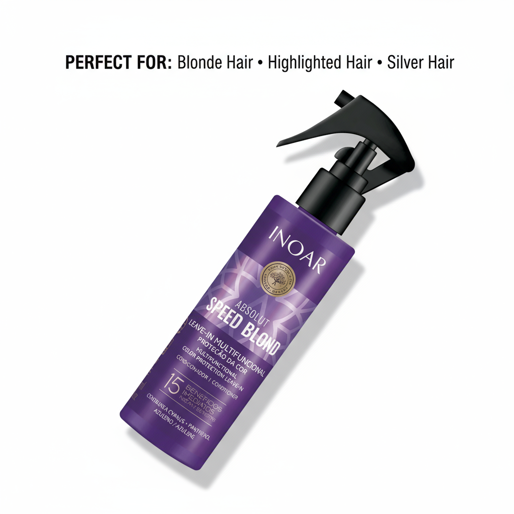 Inoar Absolut Speed Blond Leave-In treatment for blonde, highlighted, and silver hair in a purple spray bottle
