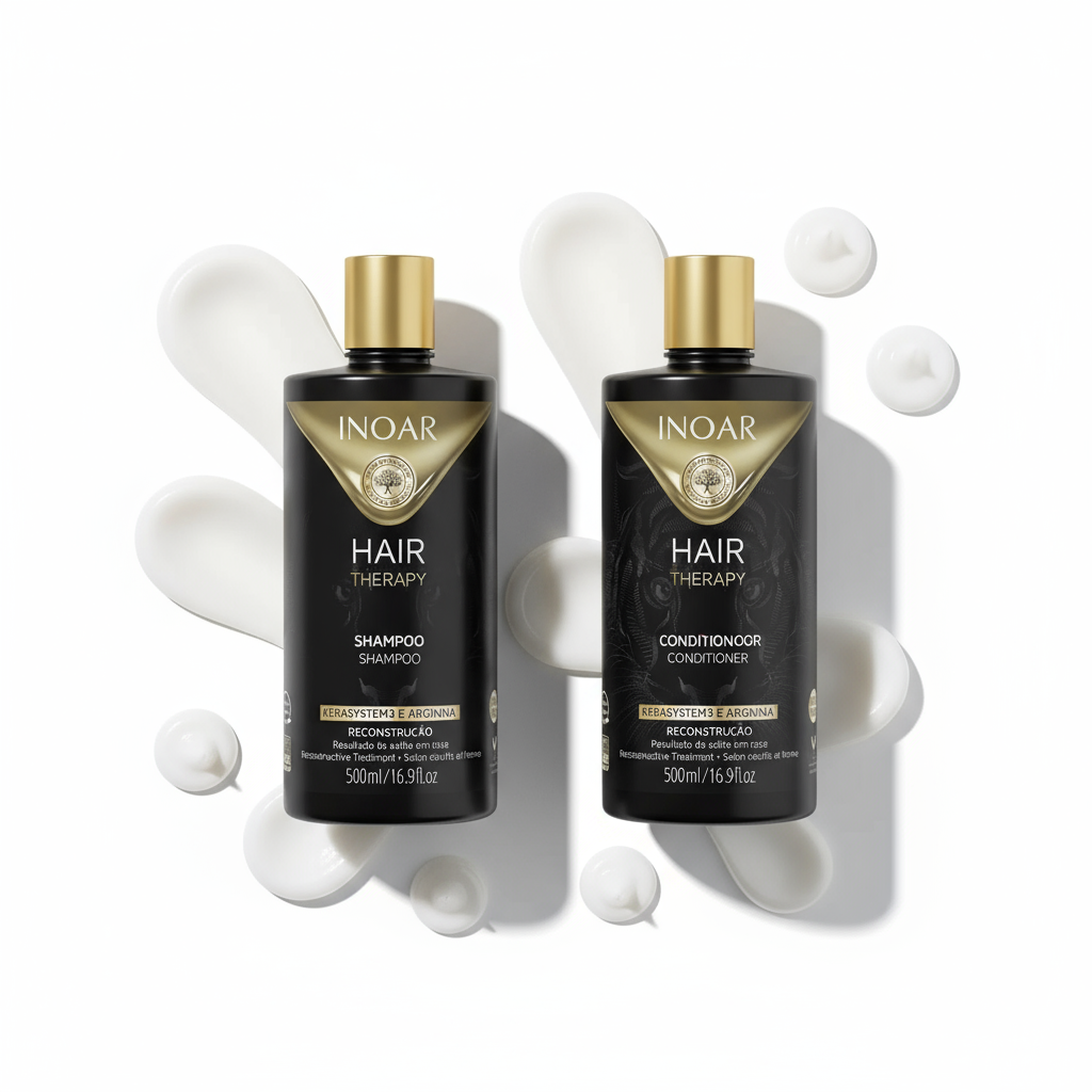 Inoar Hair Therapy bundle shampoo and conditioner bottles with creamy product swatches on white background
