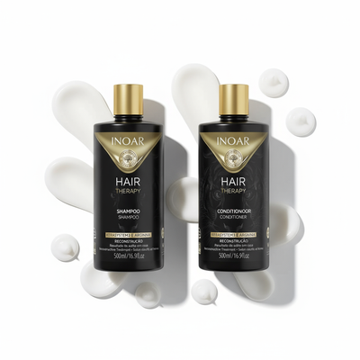 Inoar Hair Therapy bundle shampoo and conditioner bottles with creamy product swatches on white background