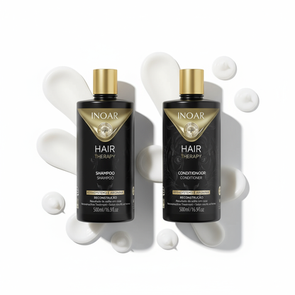 Inoar Hair Therapy bundle shampoo and conditioner bottles with creamy product swatches on white background