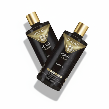 Inoar Hair Therapy bundle with two black and gold shampoo bottles for hair care