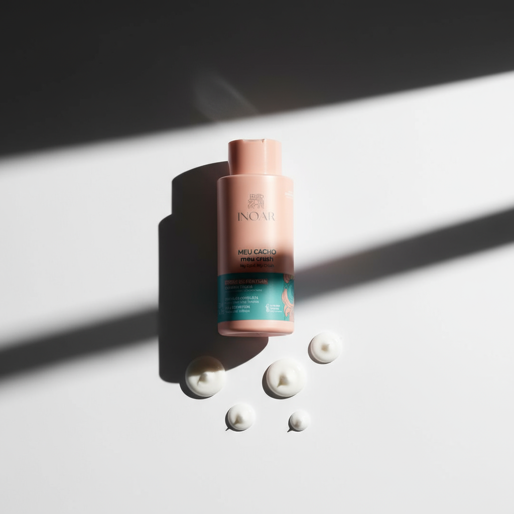 Inoar My Curl My Crush Combing Cream leave in cream bottle with cream drops on white surface