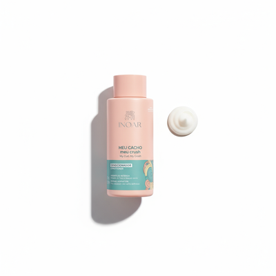 Inoar My Curl My Crush Conditioner bottle with cream swirl showing texture on white background