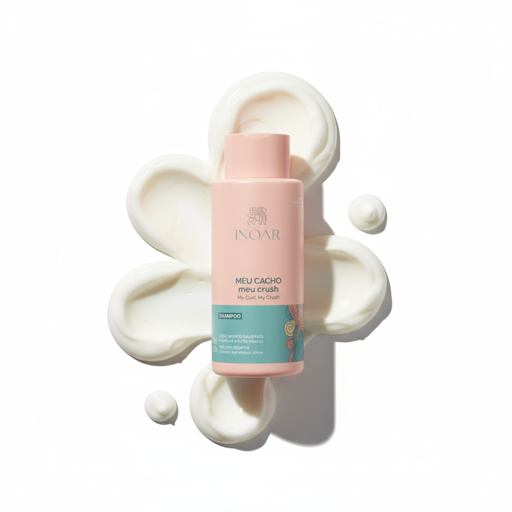 Inoar My Curl My Crush Shampoo bottle surrounded by creamy hair product on white background