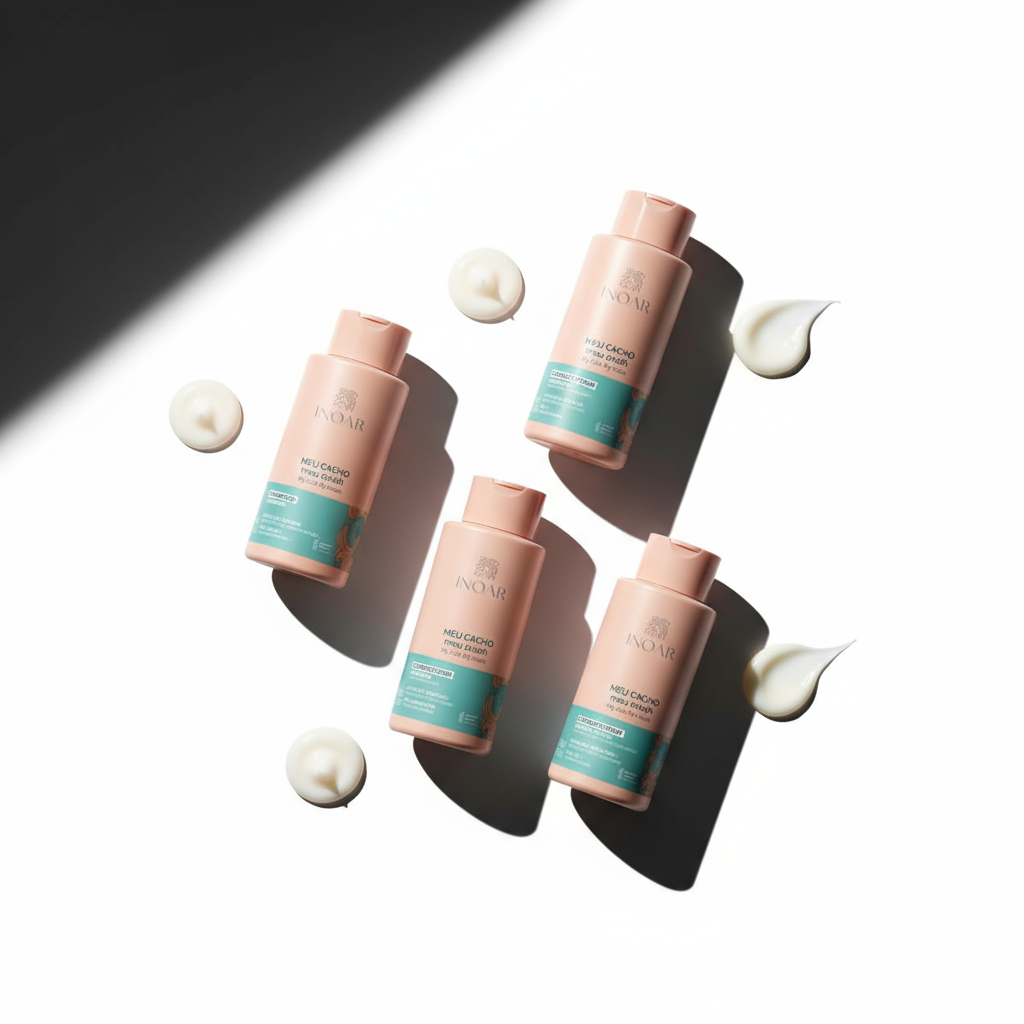 Inoar My Curl My Crush styling bundle hair care products with cream swatches on white background