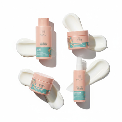 Inoar My Curl My Crush styling bundle with shampoo, conditioner, cream, and spray on white background