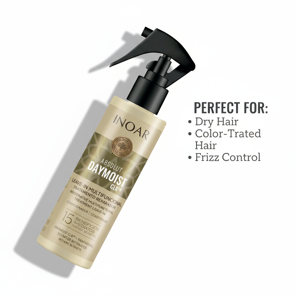 Inoar leave-in treatment for color-treated hair in a beige pump bottle designed for dry hair and frizz control
