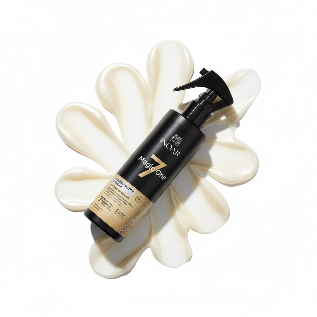 Inoar Magic One 7 Reconstructor Spray bottle on white cream background for hair repair