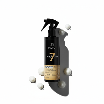 Inoar Magic One 7 Reconstructor Spray black bottle with gold label and white cream drops on white background