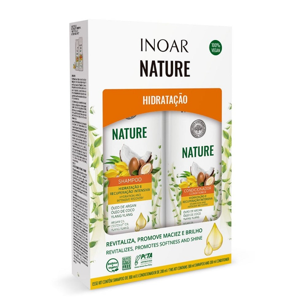 Inoar Nature salon quality shampoo and conditioner kit with argan oil and coconut for hydration