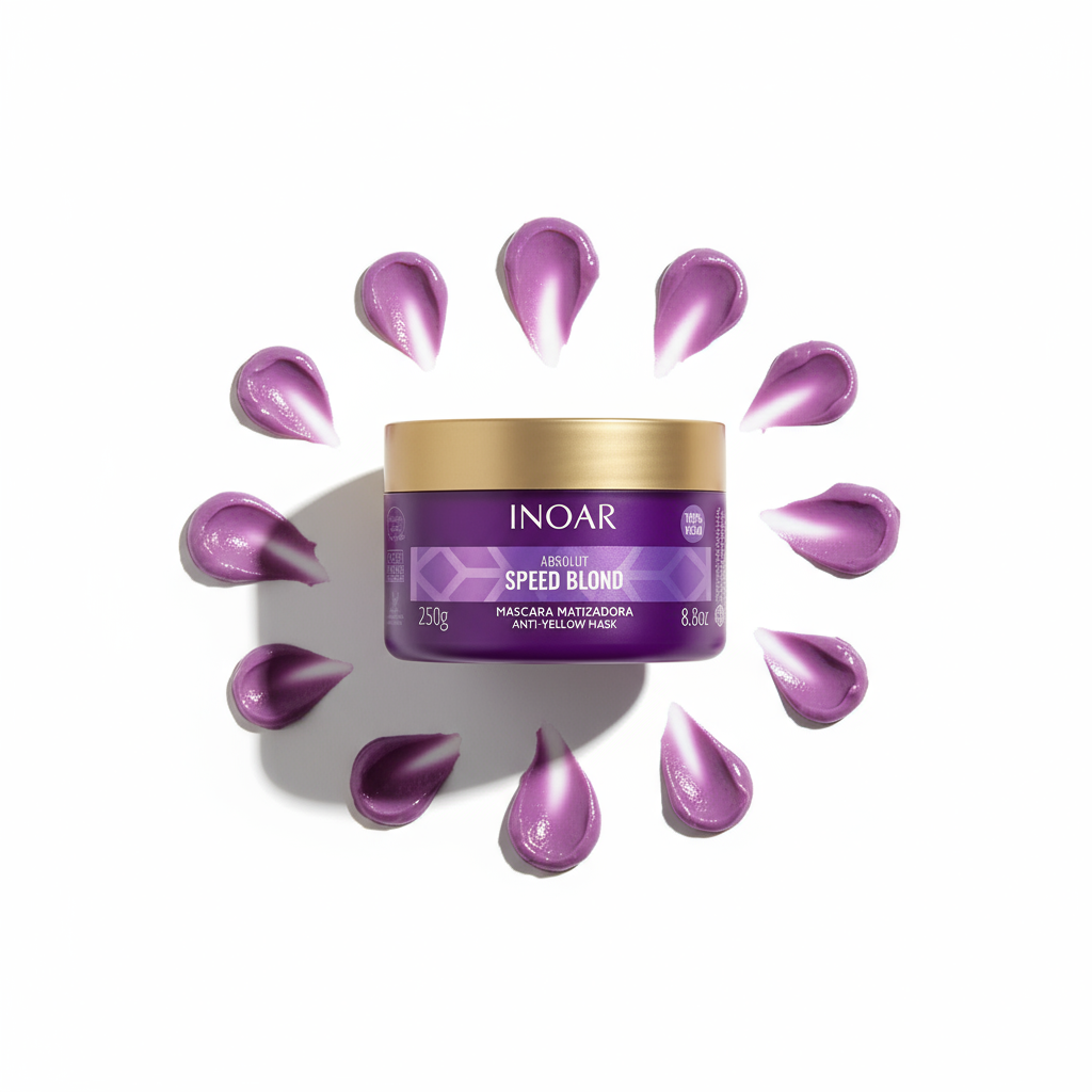 Inoar purple mask for brassy blonde hair in round container with purple product swatches around it