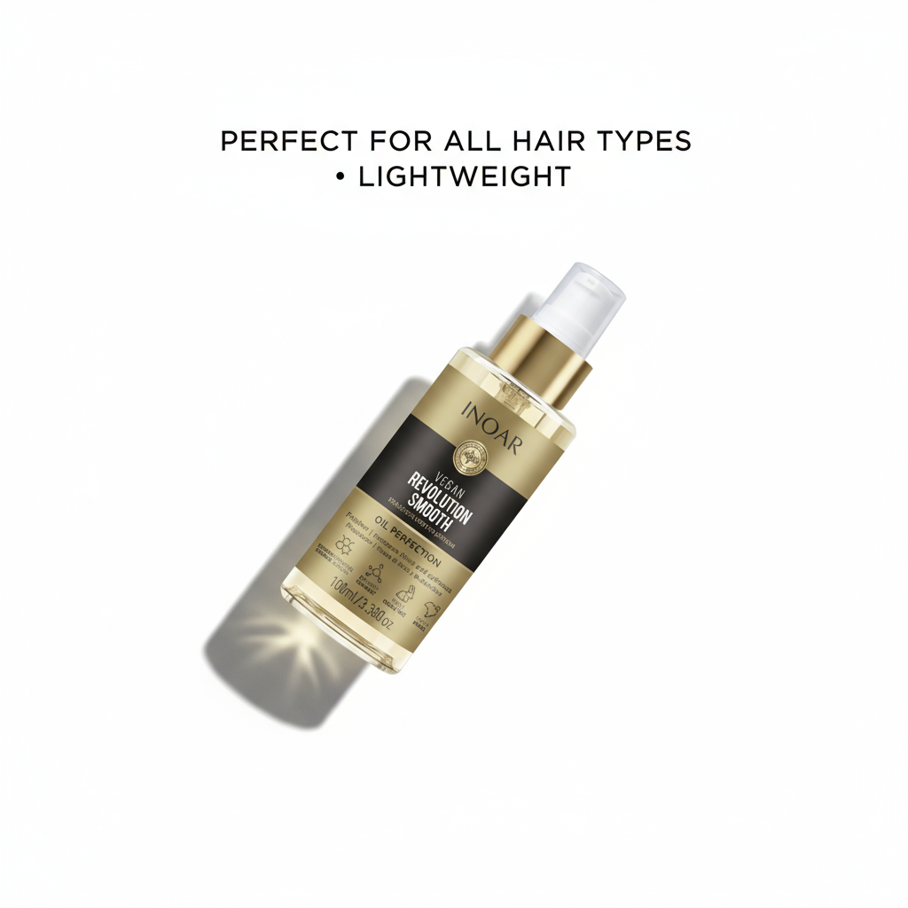 INOAR Revolution Smooth Perfection Oil lightweight styling aid for all hair types in gold spray bottle