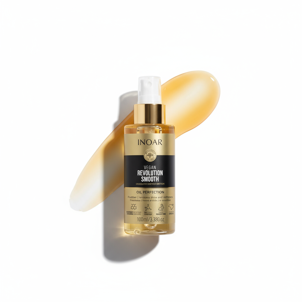 INOAR Revolution Smooth Perfection Oil styling aid bottle with golden oil swatch on white background