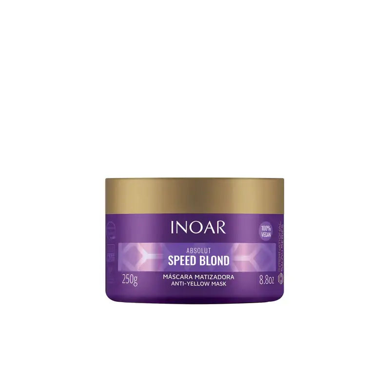 Purple and gold hair treatment jar from INOAR’s Speed Blond line.