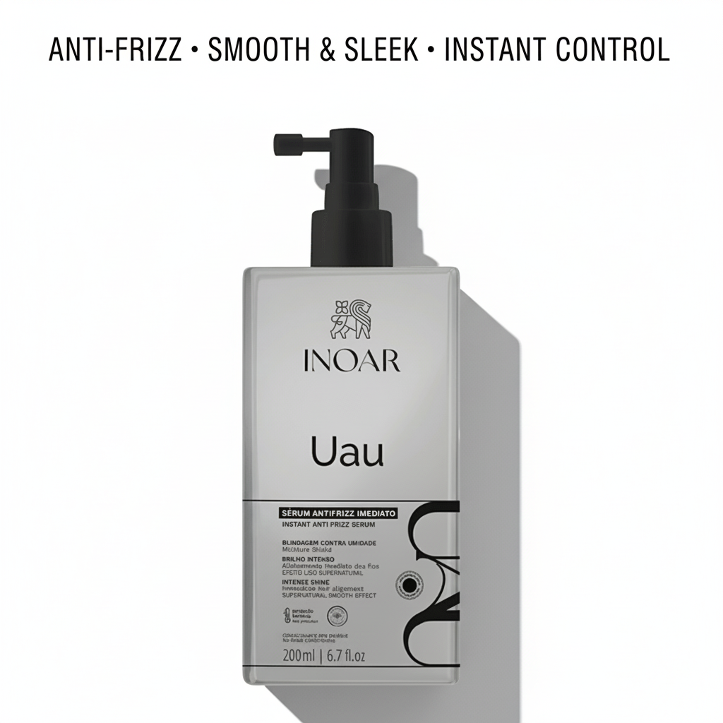 INOAR UAU Anti-Frizz Serum Spray 200ml bottle for smooth sleek hair and instant frizz control