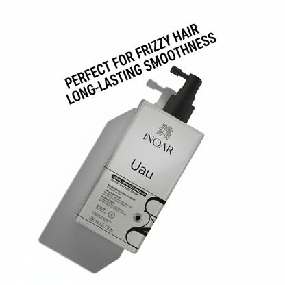 INOAR UAU Anti-Frizz Serum Spray bottle for frizzy hair with long-lasting smoothness in white packaging