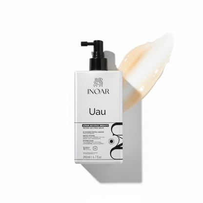 INOAR UAU Anti-Frizz Serum Spray bottle with product smear on white background