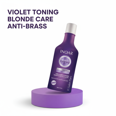 Inoar violet toning conditioner for blonde hair in purple bottle with anti-brass formula on purple display