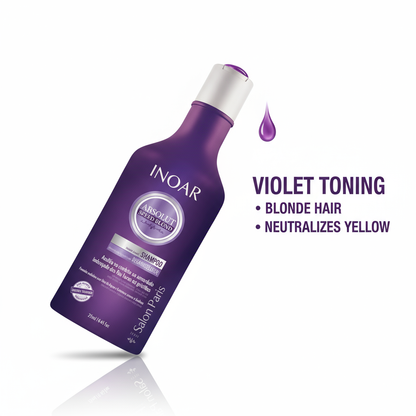 Inoar violet toning shampoo for blonde hair in purple bottle with neutralizes yellow text