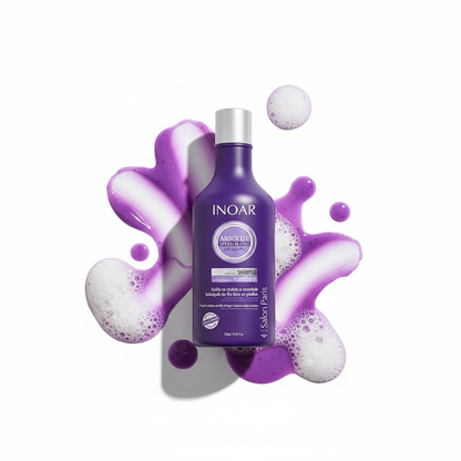 Inoar violet toning shampoo for blonde hair bottle with purple shampoo foam splashes on white background