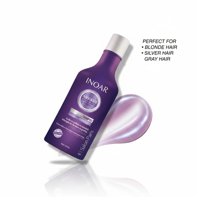 Inoar violet toning shampoo for blonde hair in purple bottle with lavender shampoo texture