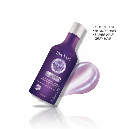 Inoar violet toning shampoo for blonde hair in purple bottle with lavender shampoo texture