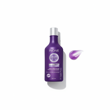Inoar violet toning shampoo for blonde hair in purple bottle with shampoo swatch on white background