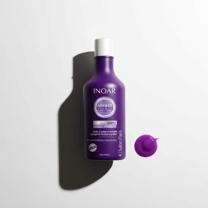 Inoar violet toning shampoo for blonde hair in a purple bottle with white cap and product sample on white background