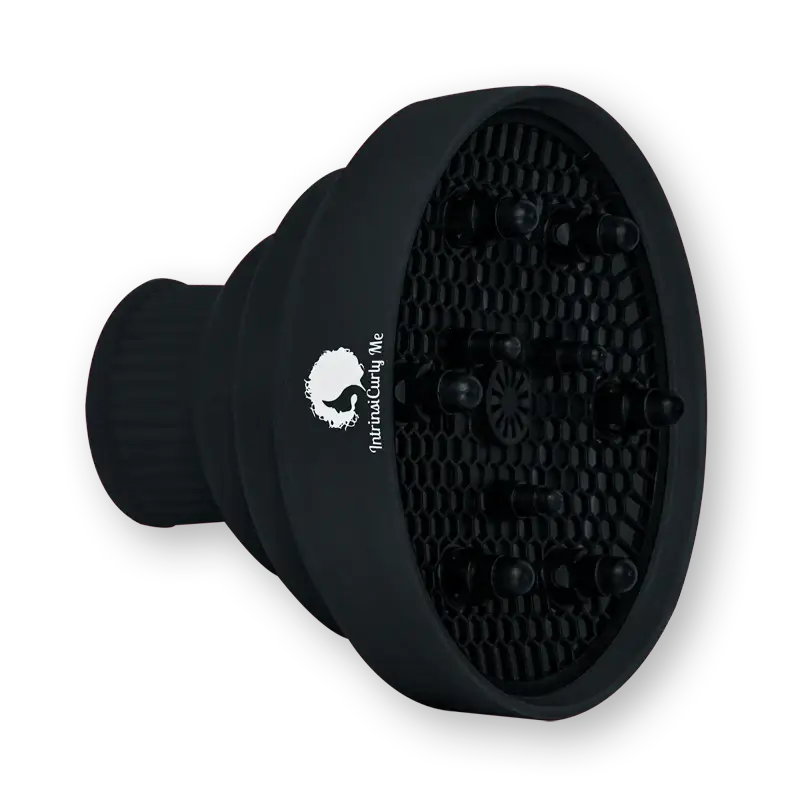 Black hair dryer diffuser attachment with a honeycomb-patterned grille.