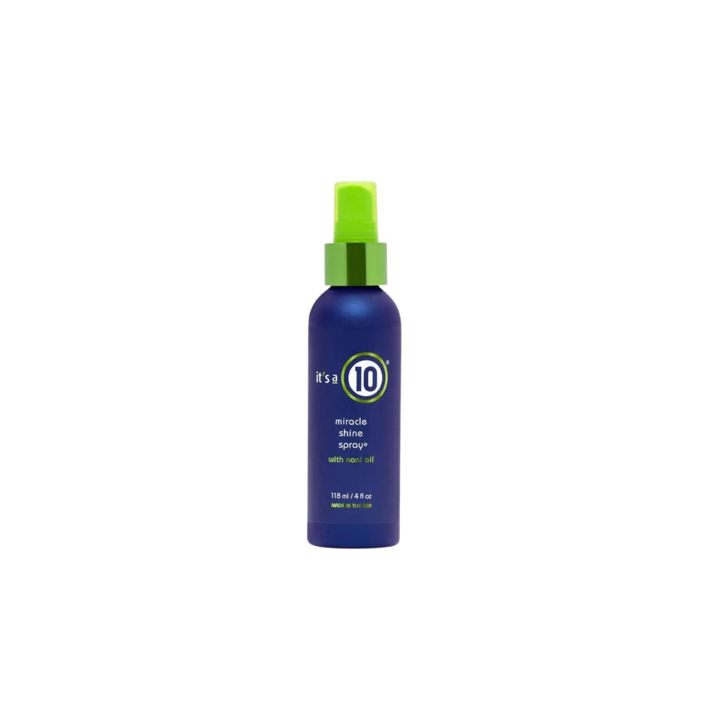 Blue It’s a 10 Miracle Shine Spray bottle with green nozzle, 118ml versatile hair care