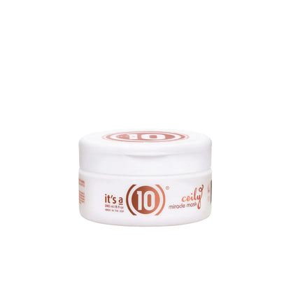 White plastic jar of It’s A 10 Miracle Coily Hair Mask for natural curl pattern care