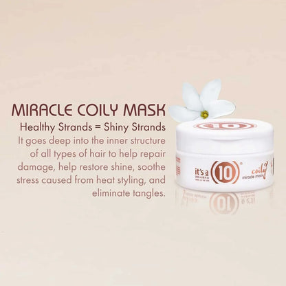 White jar of It’s A 10 Miracle Coily Hair Mask with flower, perfect for natural curl pattern