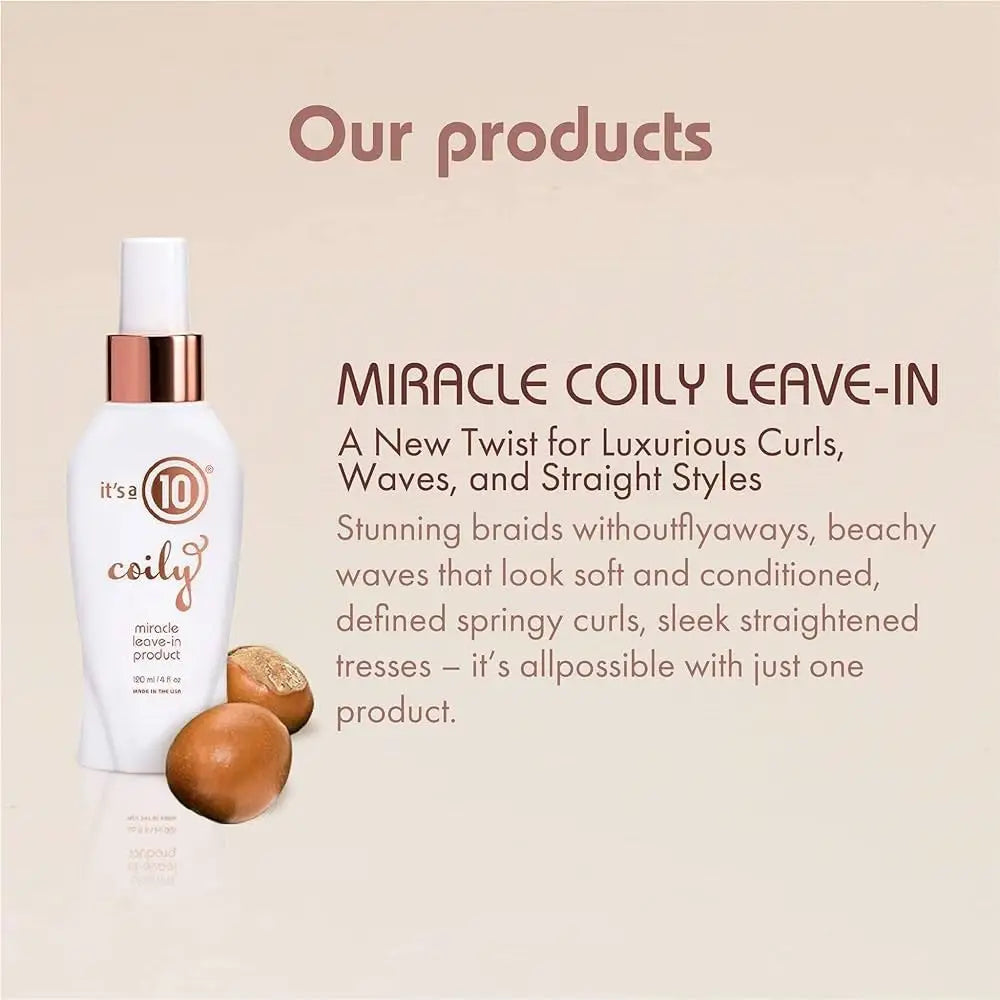 It's a 10 Miracle Coily Leave In 120ml offers luxurious curls and sleek styles for flawless hair transformation.