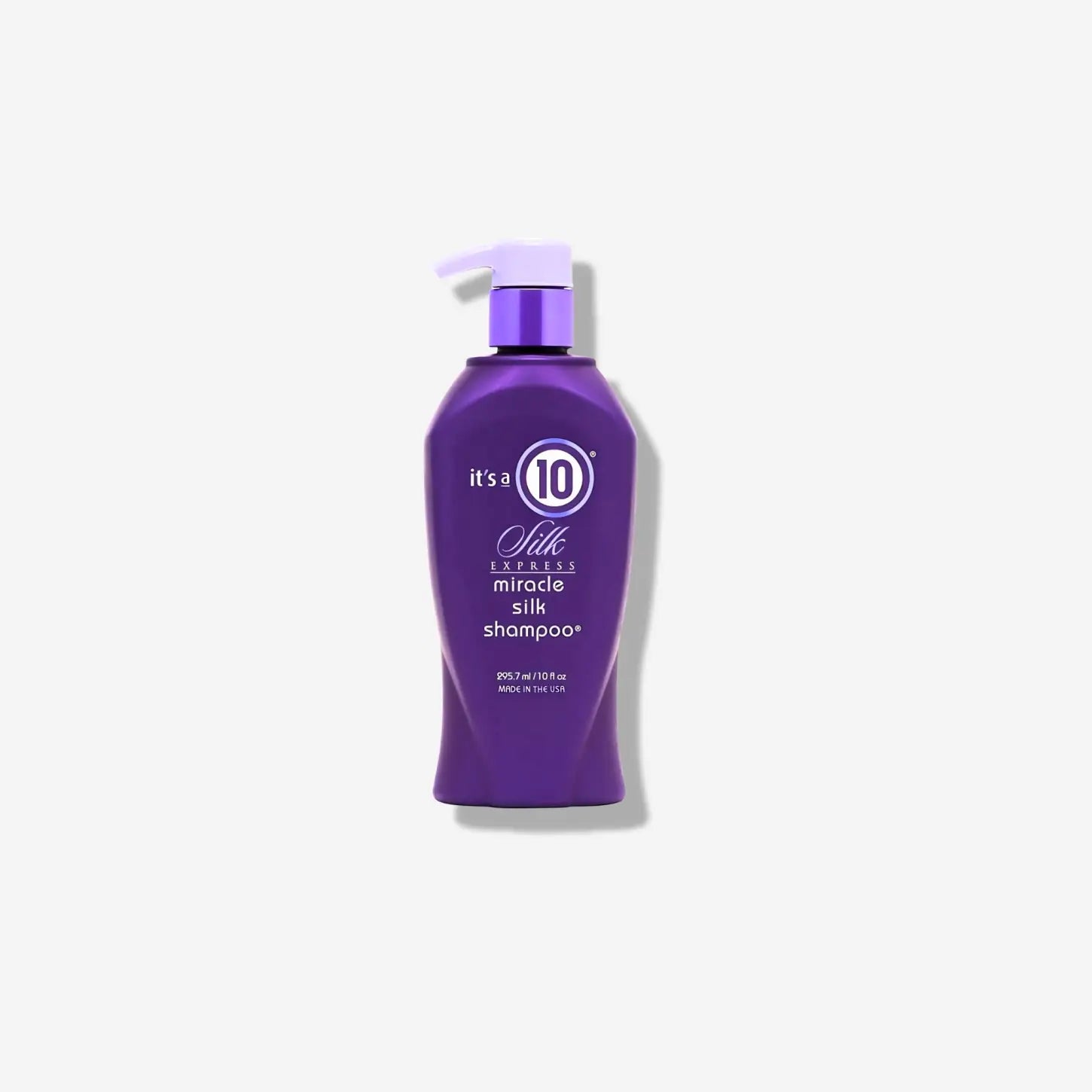 Purple It’s a 10 Silk Express Miracle Silk Daily Shampoo bottle with pump dispenser