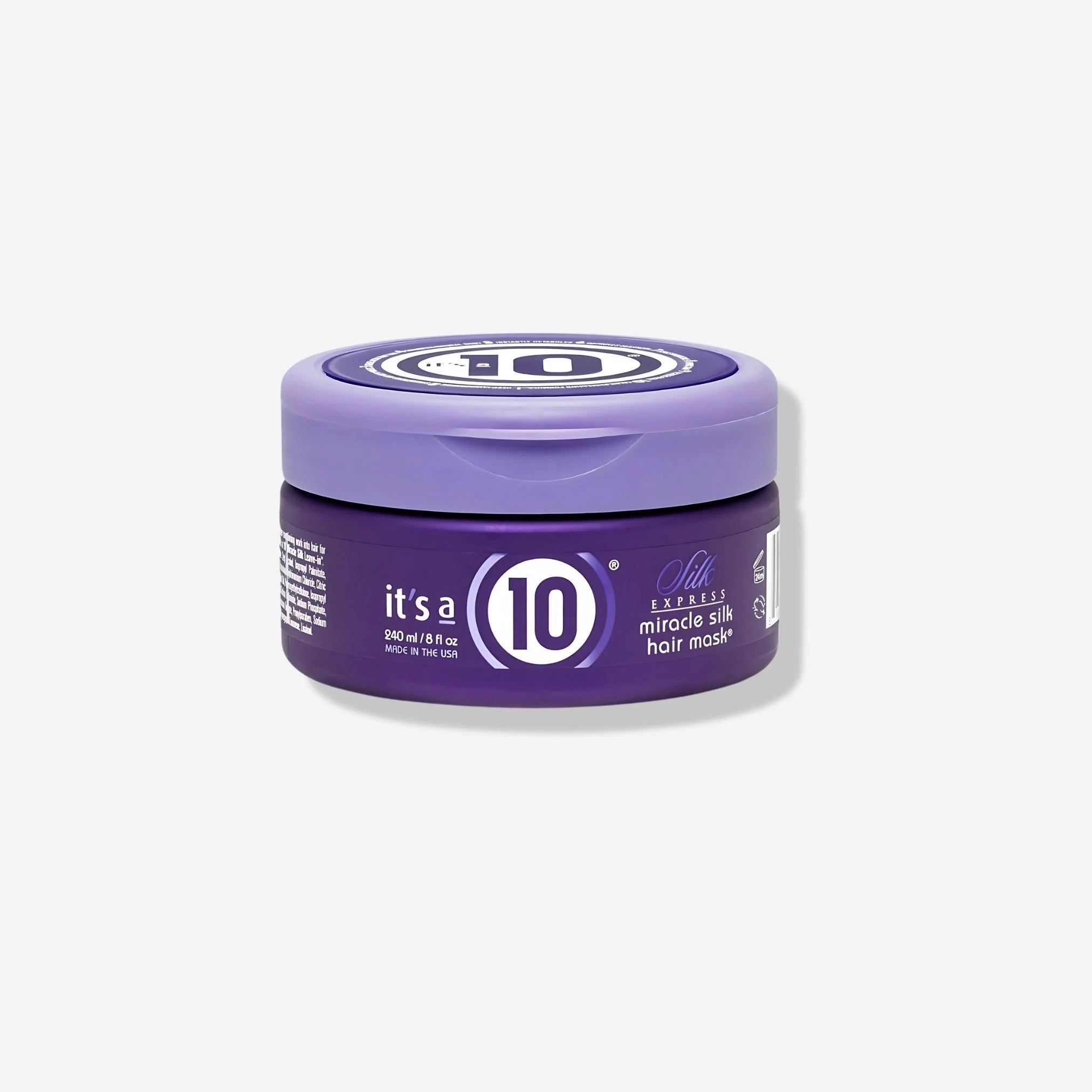 Purple jar of It’s a 10 Silk Express Miracle Silk Hair Mask 240ml with twist-off lid