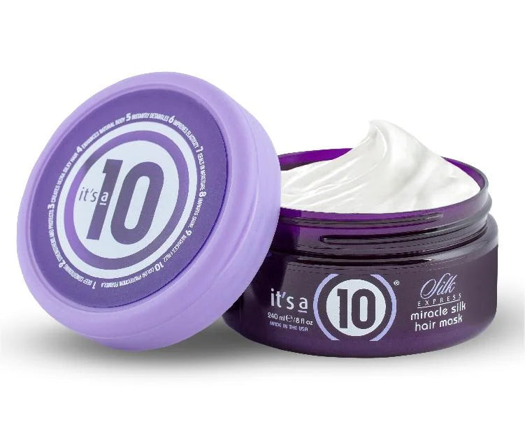 Purple jar of It’s a 10 Silk Express Miracle Silk Hair Mask with cream inside