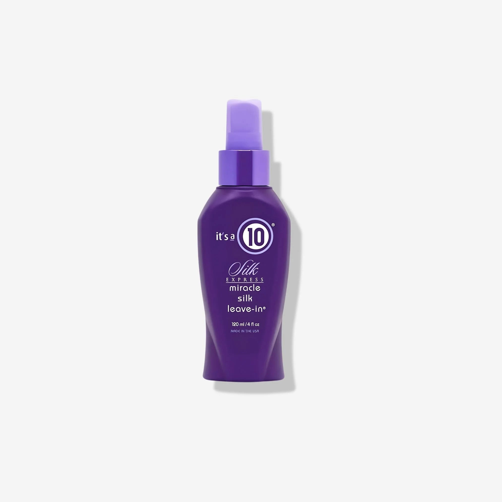 Purple bottle of It’s a 10 Silk Express Miracle Silk Leave-In Conditioner 120ml with spray nozzle