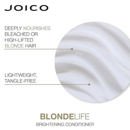 Joico Blonde Life Brightening Conditioner 250ml advertisement for vibrant blonde hair