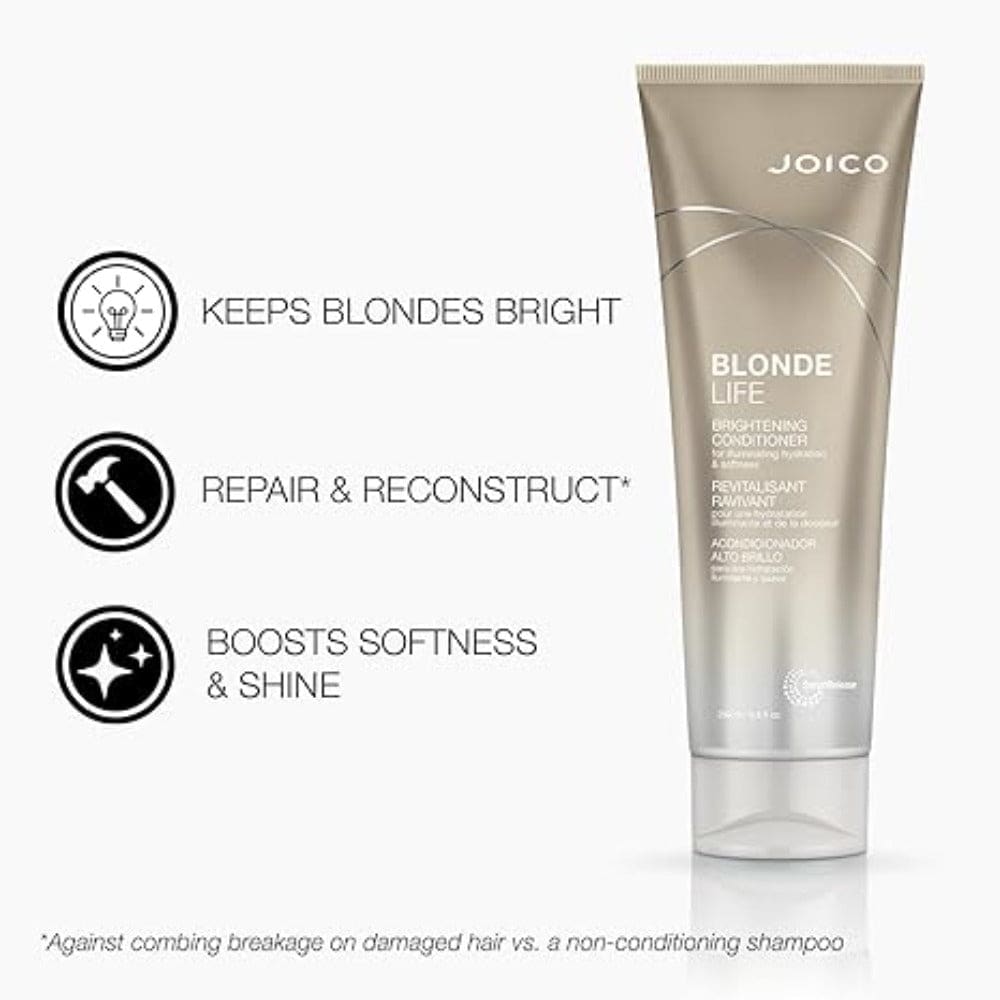 Joico Blonde Life Brightening Conditioner tube with benefit icons for vibrant blonde hair