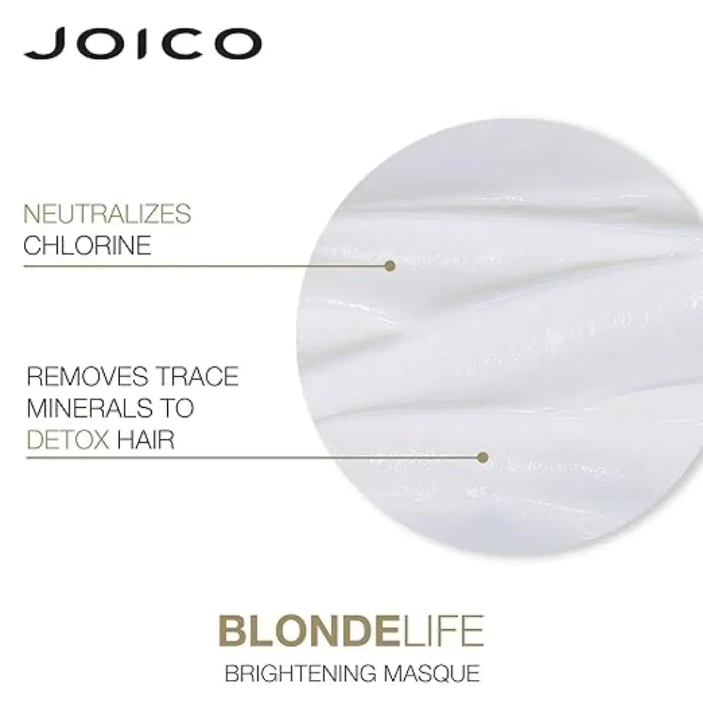 Joico Blonde Life Brightening Masque advertisement with blonde life brightening shampoo 300ml