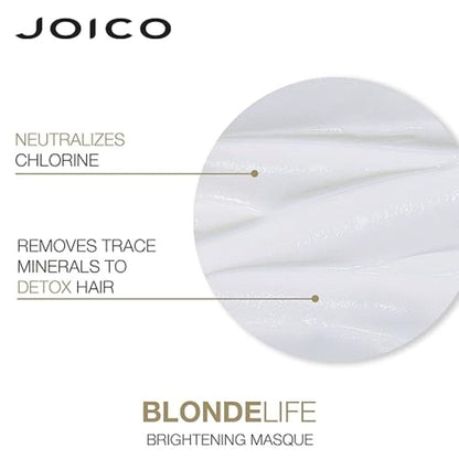 Joico Blonde Life Brightening Masque ad showcasing chlorine-neutralizing for high-lifted blonde hair