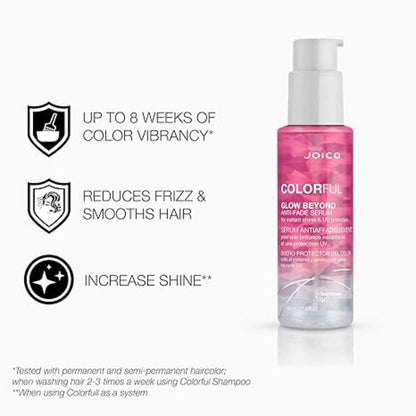 Pink Joico Colorful Glow Beyond Anti Fade Serum bottle for vibrant hair color protection