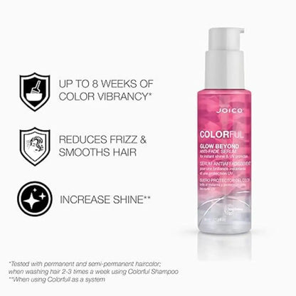 Pink Joico Colorful Glow Beyond Anti Fade Serum bottle for vibrant hair color protection