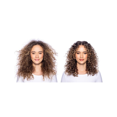 Two women with curly hair in white tops showcasing Joico Defy Damage hair products