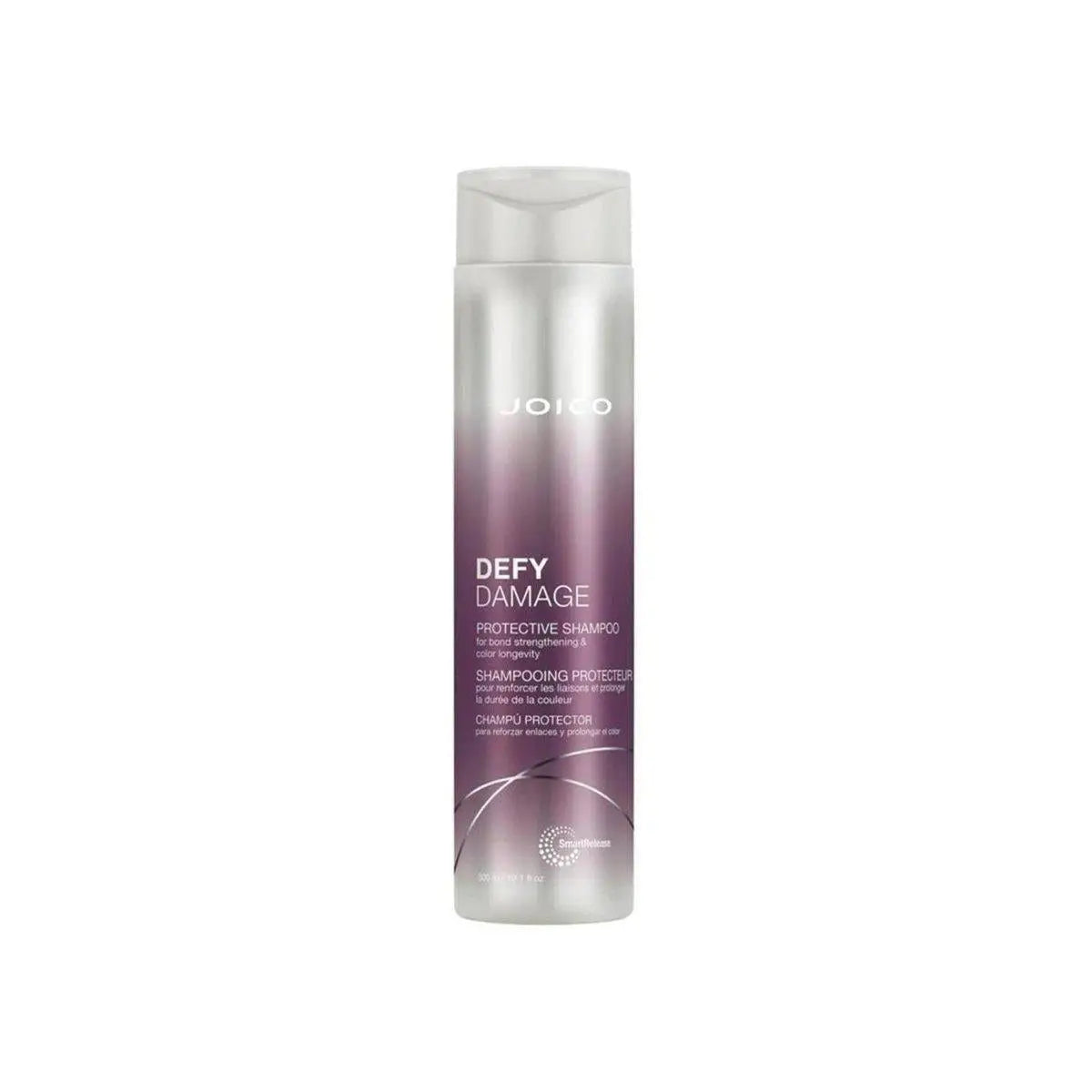 Bottle of Joico Defy Damage Protective Shampoo 300ml with gradient purple to silver design