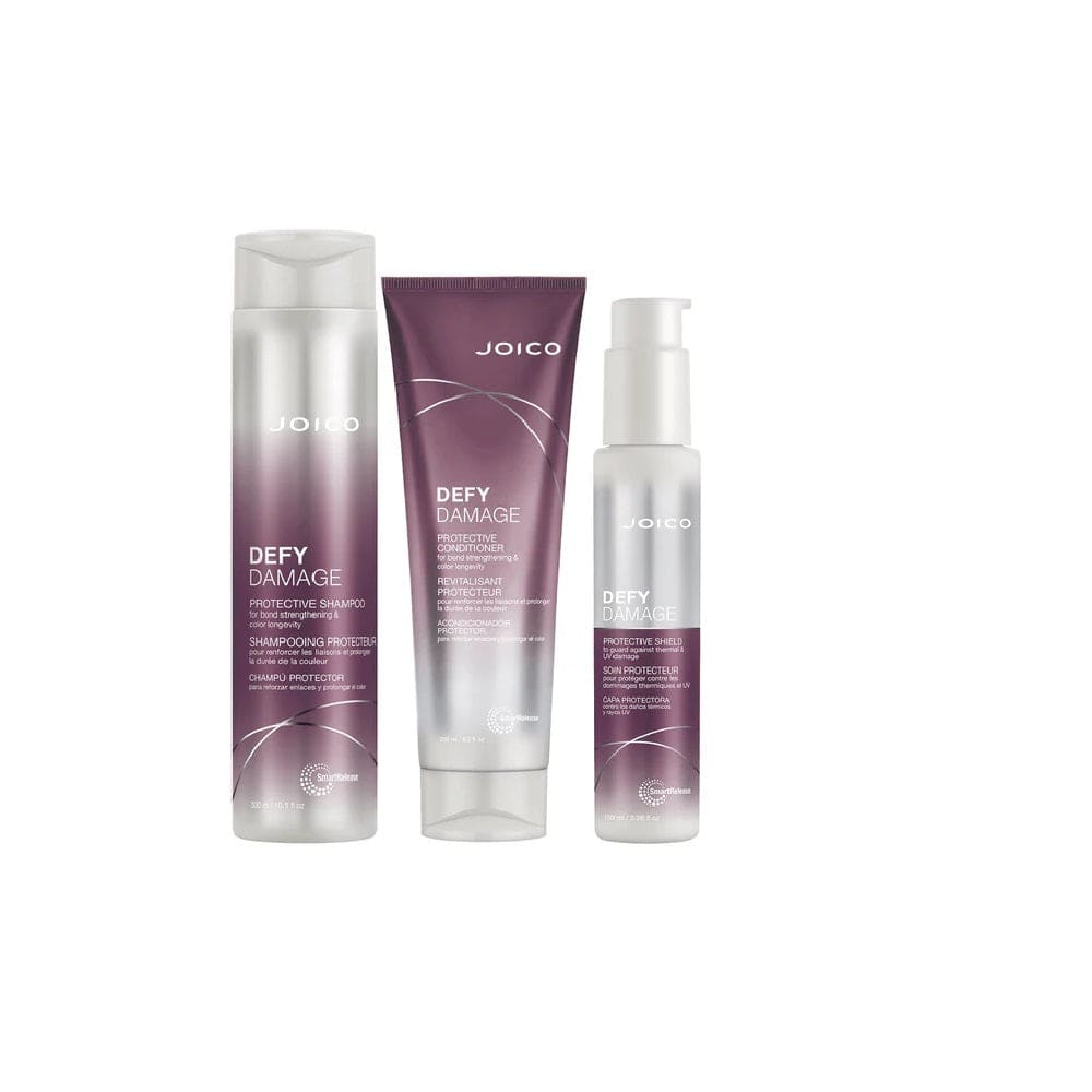 Set of Joico Defy Damage hair care products in purple and white packaging