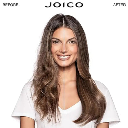 Before and after comparison of a woman’s hair using Joico hair products for reduced drying time