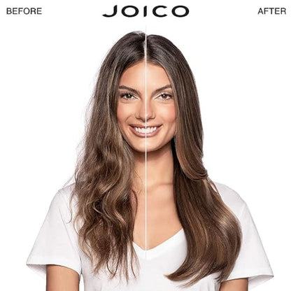 Split-screen of a woman’s hair before and after using Joico hair products eliminating static