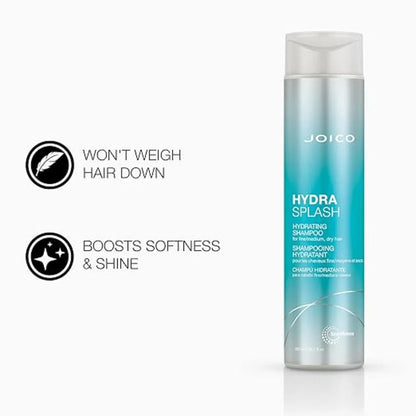 Gradient blue Joico Hydra Splash hair care product bottle highlighting hydrating benefits