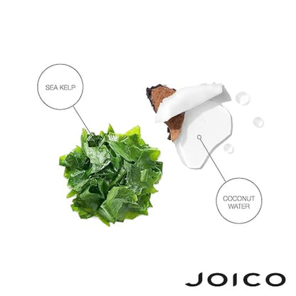 Fresh green sea kelp and coconut next to Joico Hydrasplash hydrating hair care products